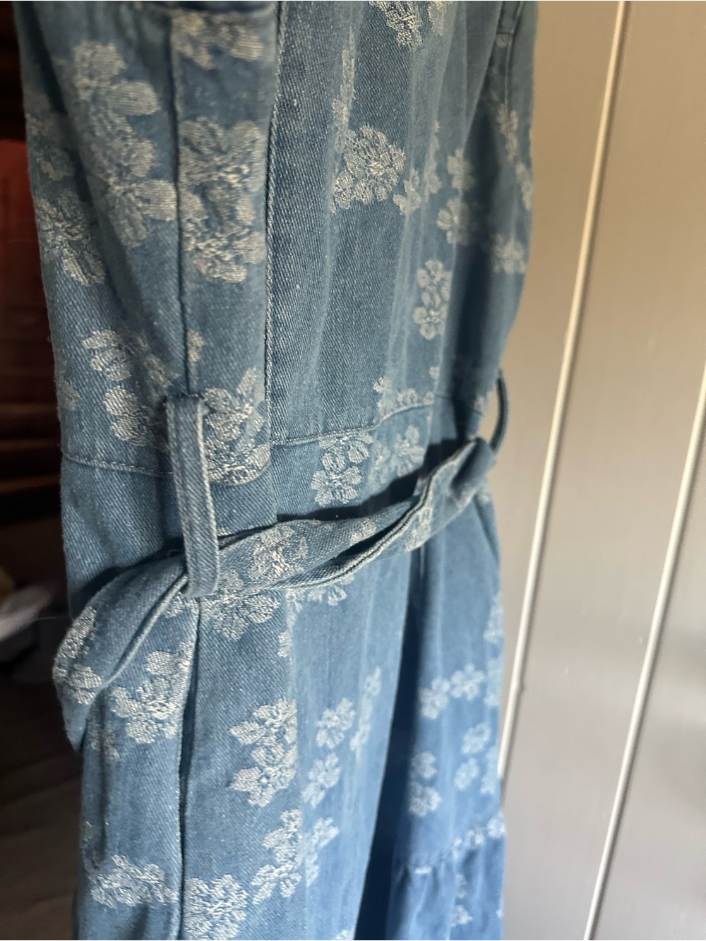 Solitaire Floral Denim Midi Dress Denim Floral Button-Front Dress with Waist Tie - Picture 11 of 13